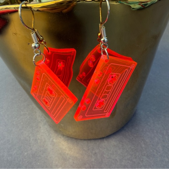 Retro 90s Cassette Tape Earrings - Pink Acrylic - Picture 4 of 8